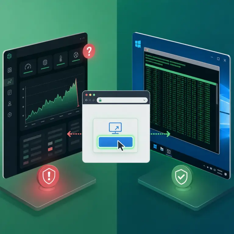 概念插图:对比一个可疑的云算力仪表板与一个真实的 Windows Server 远程桌面,正在实时显示 CGMiner 终端