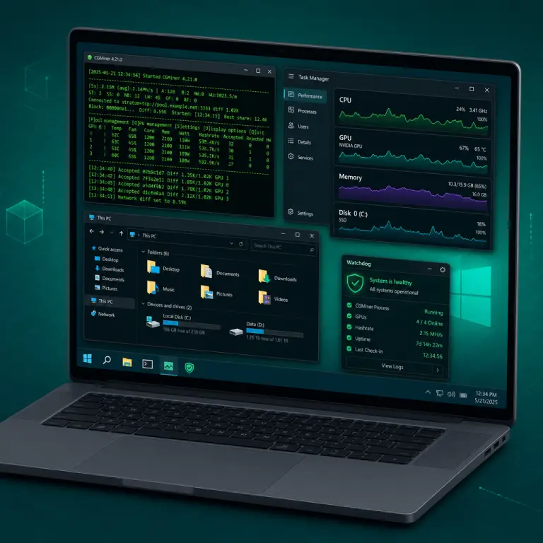 Isometric illustration of a NoxHash miner remote desktop showing CGMiner terminal, Task Manager, file explorer, and watchdog monitor