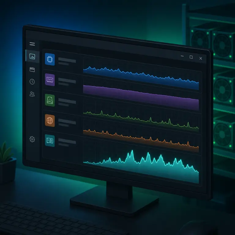 Isometric illustration of Windows Task Manager showing the real CPU, GPU, memory, disk and network graphs of a NoxHash miner