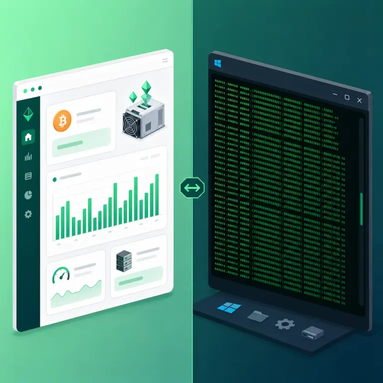 Split illustration comparing the NoxHash aggregated hashrate dashboard on the left with a live mining desktop and CGMiner terminal on the right