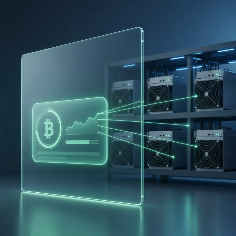 Conceptual illustration of a glass pane between a dashboard widget and real ASIC miners, symbolising transparency and full-access verification
