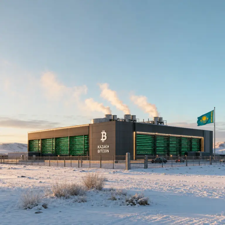 雪に覆われたカザフスタンにある NoxHash マイニング施設の外観。氷点下の気温の中、吸気ルーバーと屋根からの排気水蒸気が見える
