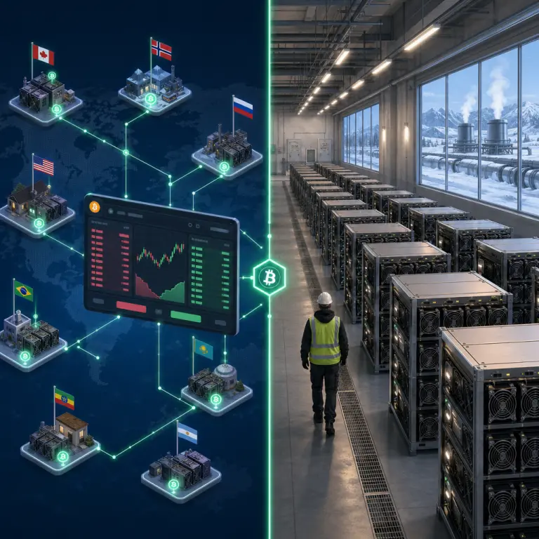 Split illustration comparing a decentralized hashrate marketplace on the left with a single owned-and-operated Kazakhstan data center on the right