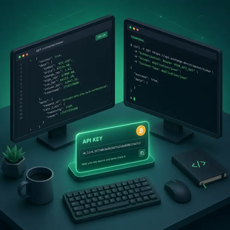 터미널과 대시보드에서 NoxHash 마이닝 API를 쿼리하는 개발자 일러스트