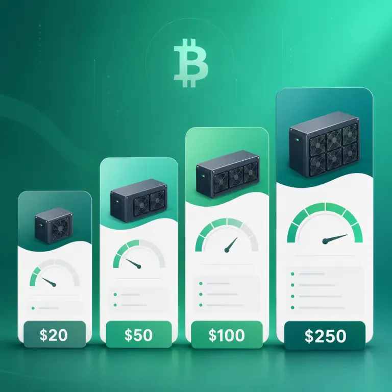 对比 NoxHash 四档挖矿套餐 Basic、Standard、Pro 与 Enterprise 的插画，按价格与算力排列