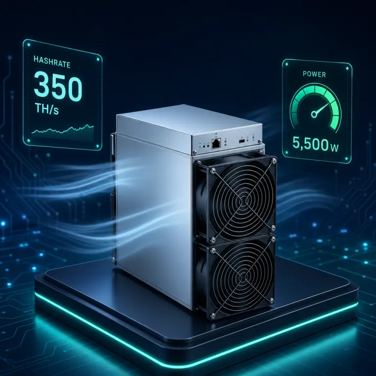 350 TH/s のハッシュレートと 5,500W の消費電力を示す NoxHash Pro Miner のアイソメトリックイラスト