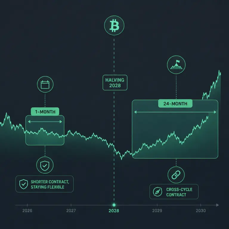 Иллюстрация коротких и длинных окон контрактов облачного майнинга Bitcoin, наложенных на график ценового цикла BTC с маркером халвинга 2028