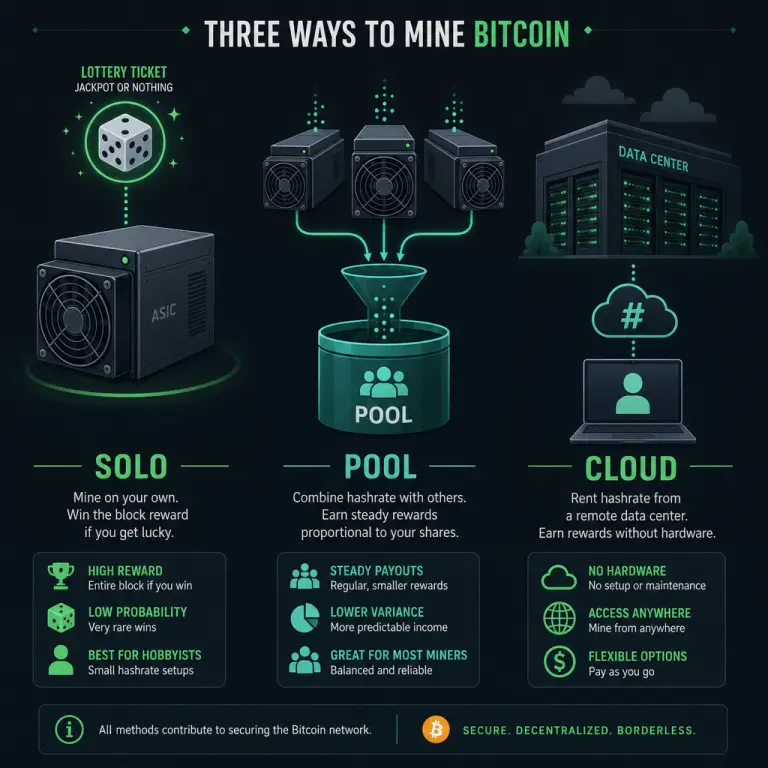 Side-by-side illustration comparing solo mining, pool mining, and cloud mining as three paths to earning Bitcoin