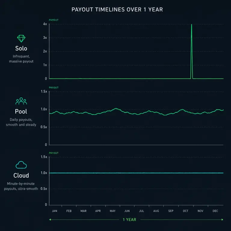 Conceptual chart comparing lumpy solo payouts, smooth pool payouts, and near-continuous cloud mining payouts over one year