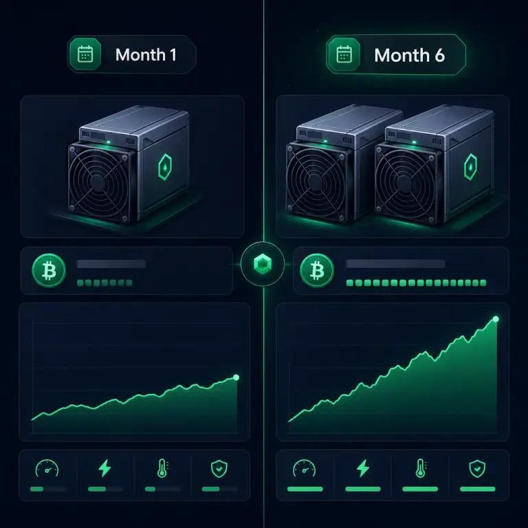 1개월차와 6개월차 NoxHash 대시보드의 나란한 비교 — 한 대에서 두 대로의 성장을 보여줍니다