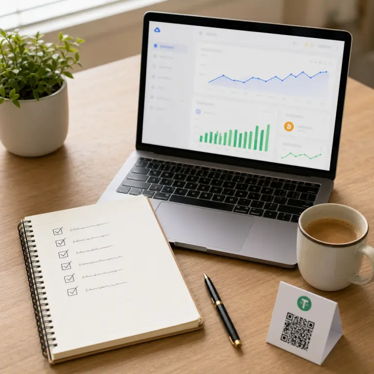 A tidy desk with a laptop showing a cloud mining dashboard and a paper checklist of seven steps, illustrating a careful step-by-step start with cloud mining