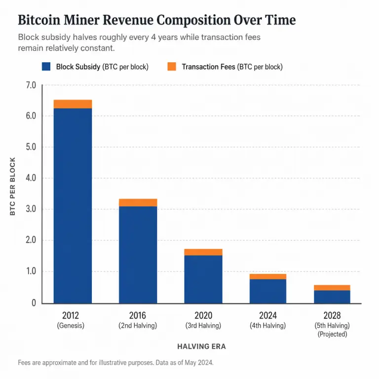 Stacked chart showing Bitcoin block subsidy shrinking by 50 percent each halving while transaction fees remain a small constant share of miner revenue