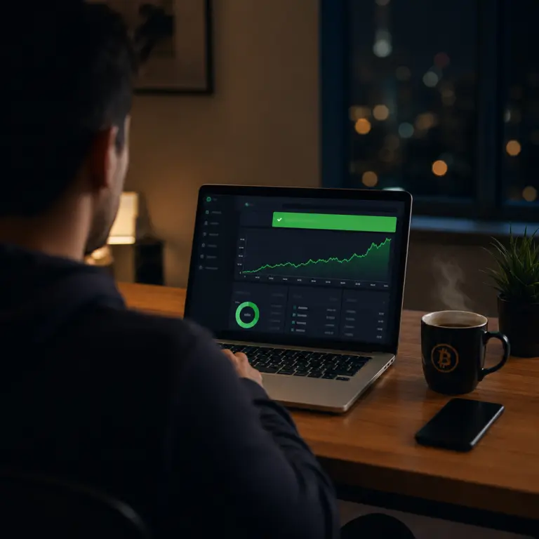First-person view of a user watching the NoxHash free cloud mining trial dashboard on a laptop at night