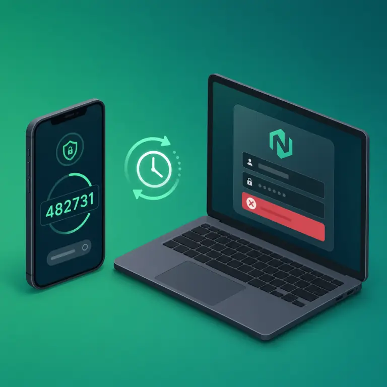 Illustration of a smartphone authenticator app next to a laptop showing a NoxHash 2FA error, with a clock-sync symbol between them