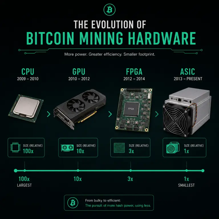 比特币挖矿硬件从CPU到GPU,再到FPGA和现代ASIC矿机的演进示意