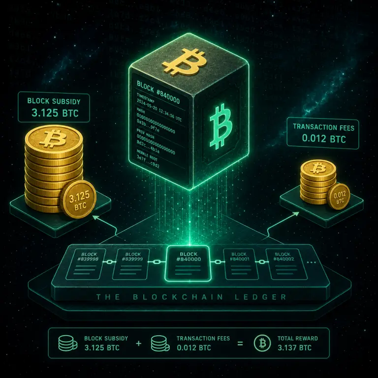 Иллюстрация блока Bitcoin, разделённого на subsidy 3.125 BTC и меньший компонент комиссий за транзакции, показывающая, как майнерам платят