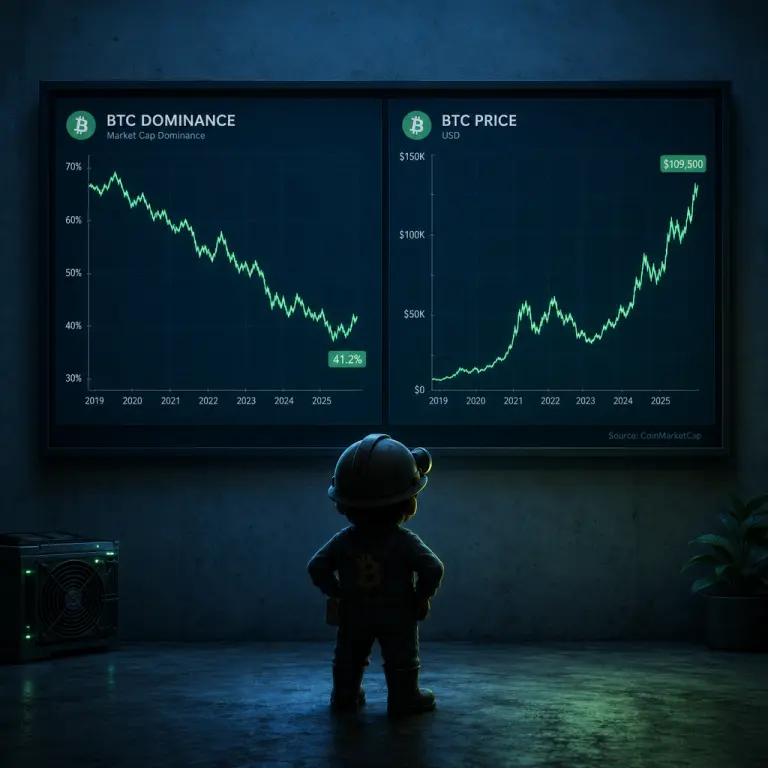 분할 차트로 BTC 도미넌스와 BTC 가격을 지켜보는 마이너 개념 일러스트