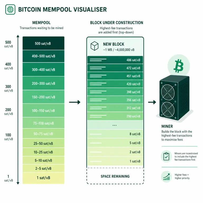 仪表板风格插图:展示比特币mempool手续费直方图,被矿工自上而下消费用以构建下一个区块
