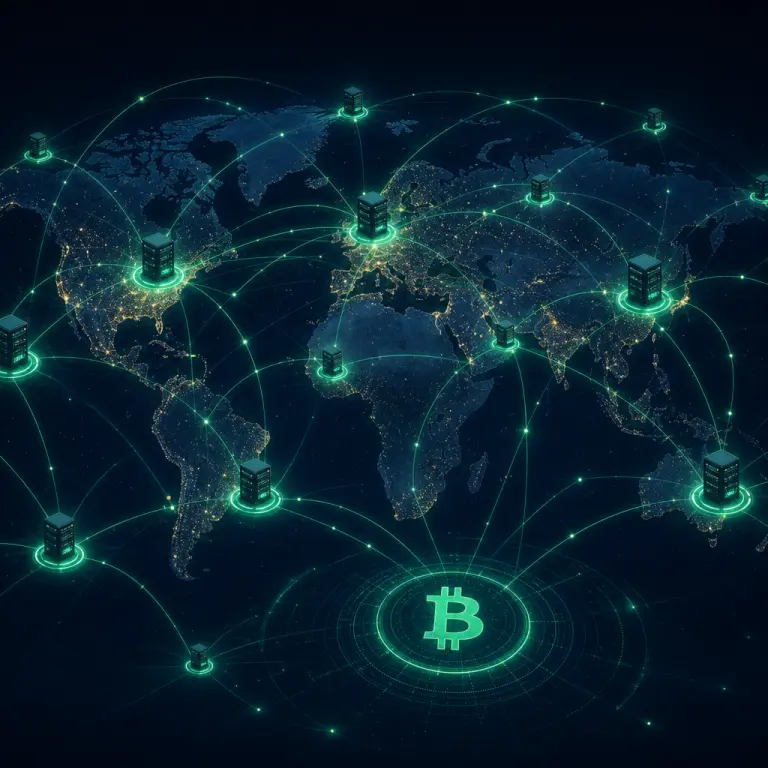 Illustration of the global Bitcoin node network — interconnected validating nodes across a world map