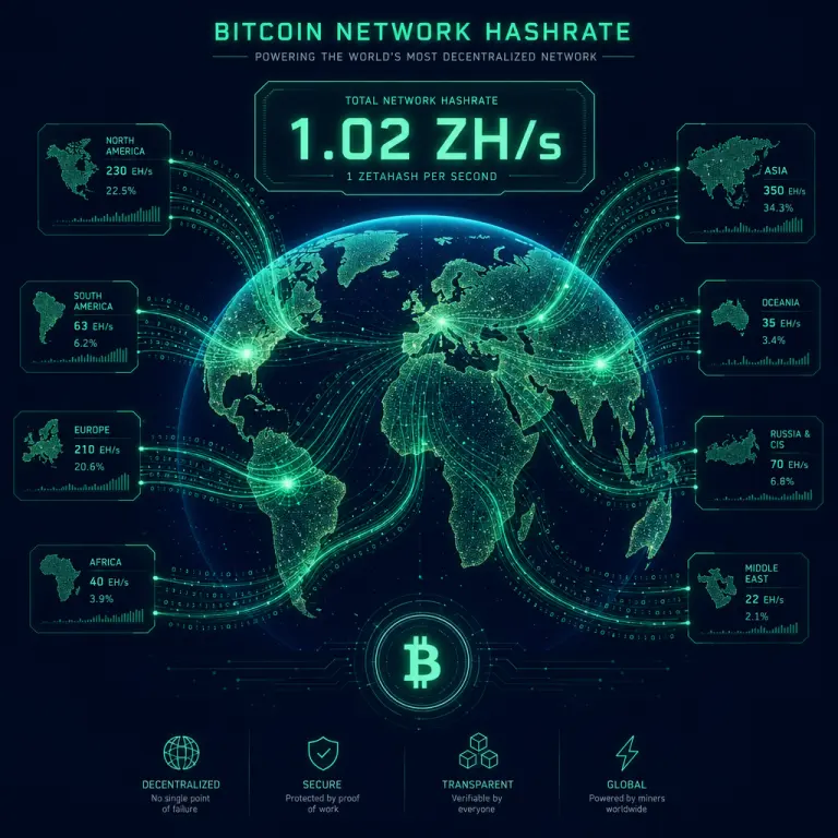 Globe wrapped in converging streams of Bitcoin hash data with a counter showing approximately 1 zettahash per second