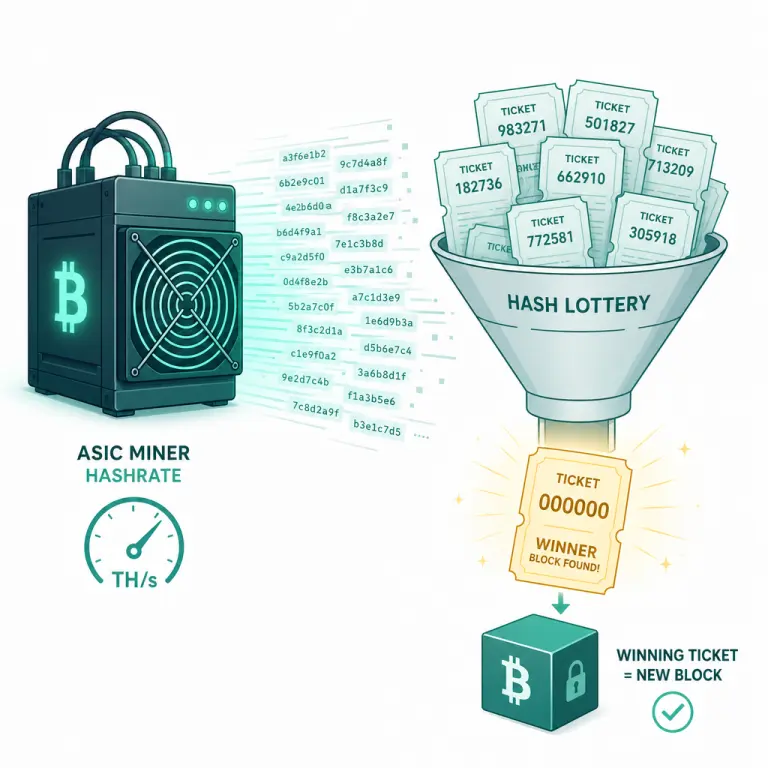 Illustration of Bitcoin hashrate as a lottery: an ASIC miner producing a stream of hash attempts, with one hash winning the block