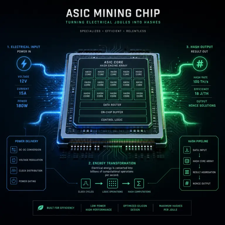 Illustration of energy-to-hash conversion inside an ASIC mining chip