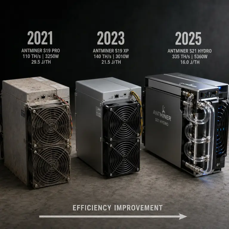Three generations of Bitcoin ASIC miners from 2021 to 2025 illustrating J/TH efficiency progression