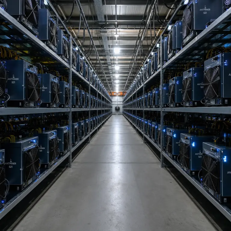 Antminer S21 랙과 천장 케이블이 늘어선 비트코인 마이닝 팜 내부 통로