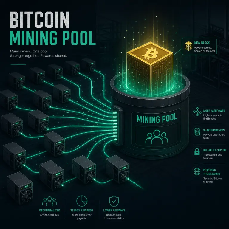 Illustration of many ASIC miners combining their hashrate into a single Bitcoin mining pool
