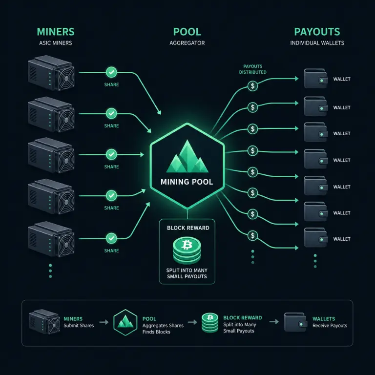 Infographic showing how shares flow from miners to a pool and block rewards are split back into proportional payouts