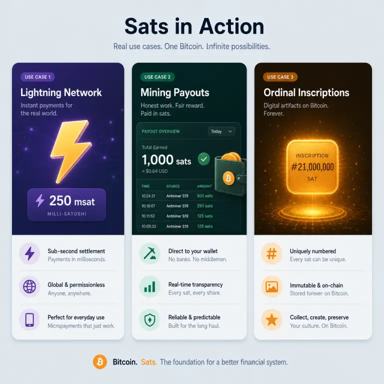 Three-panel illustration showing Lightning payments, mining payouts, and Ordinals — the real-world uses of sats