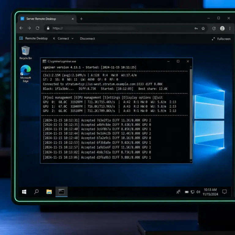 トライアルマイナーのWindows Serverデスクトップ内で稼働するCGMinerターミナルのブラウザビュー