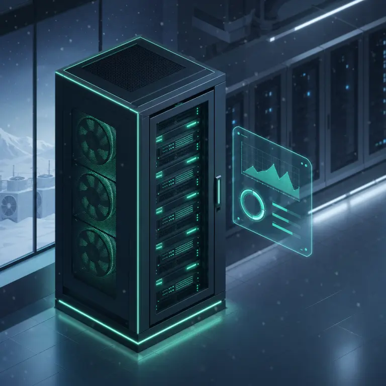 寒冷気候のデータセンターにあるプレミアムサーバーラックとして表現される NoxHash Enterprise マイニングティアのイラスト