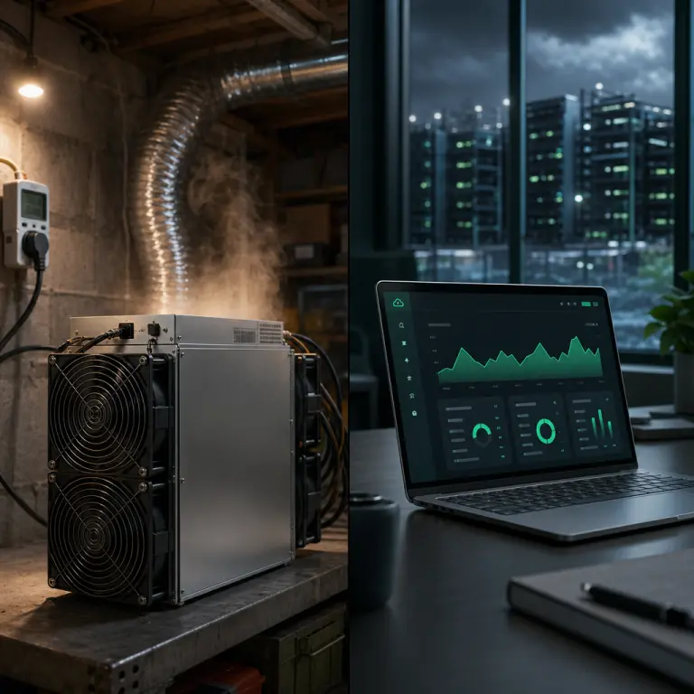 Side-by-side comparison of a home Antminer S21 setup versus a cloud mining dashboard representing the choice discussed in the article