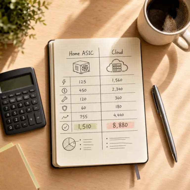 A personal notebook page with hand-written cost comparison between home ASIC and cloud mining
