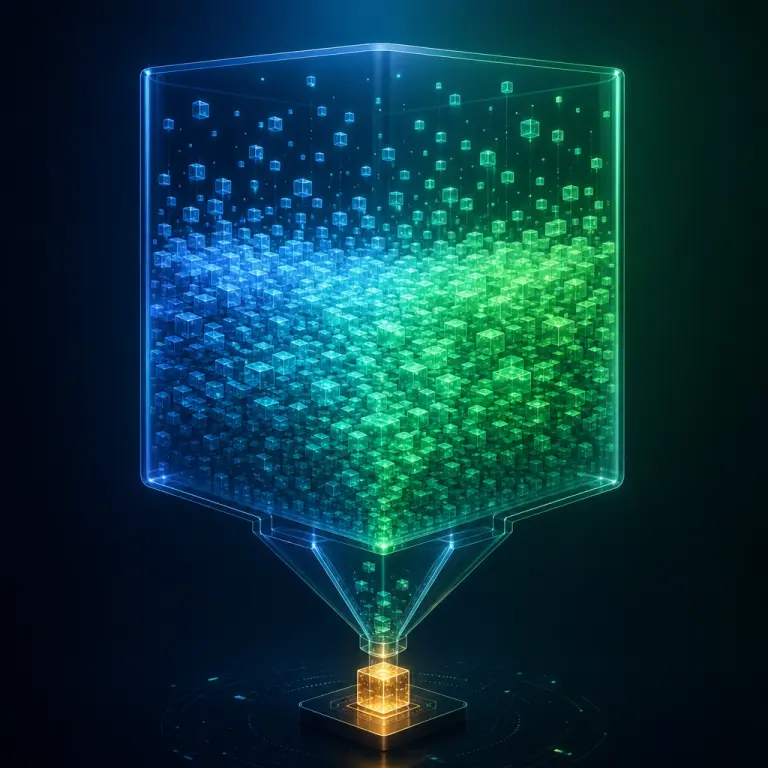 Abstract illustration of the Bitcoin mempool filling with pending transactions before miners confirm them into blocks