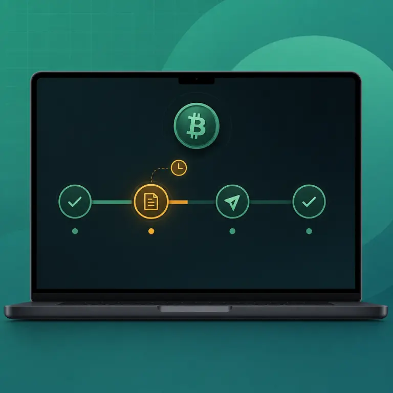 Illustration of a Bitcoin withdrawal status tracker showing the pending review stage highlighted
