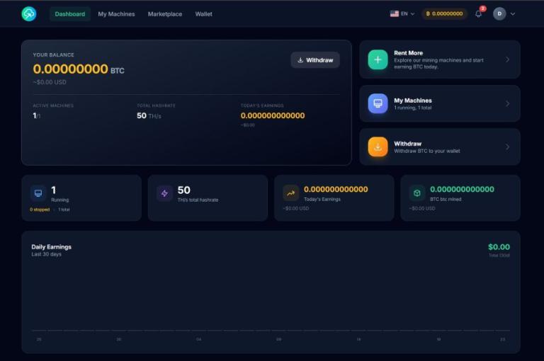 Дашборд пользователя NoxHash с доходами BTC в реальном времени, 30-дневным графиком, живым тикером цены и обзором арендованных майнеров