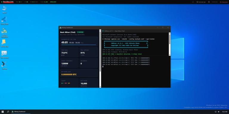 Живой удалённый рабочий стол Windows Server с работающим CGMiner на реальной майнинговой машине NoxHash
